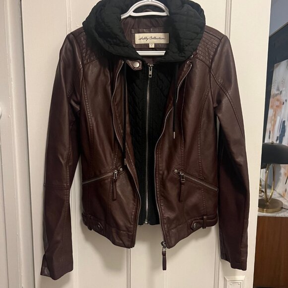 Sebby brown faux leather biker jacket w/black quilted hood/vest size s - Picture 7 of 12